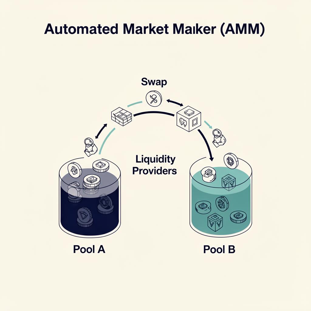 Automated Market Maker diagram showing liquidity pools and swap mechanism