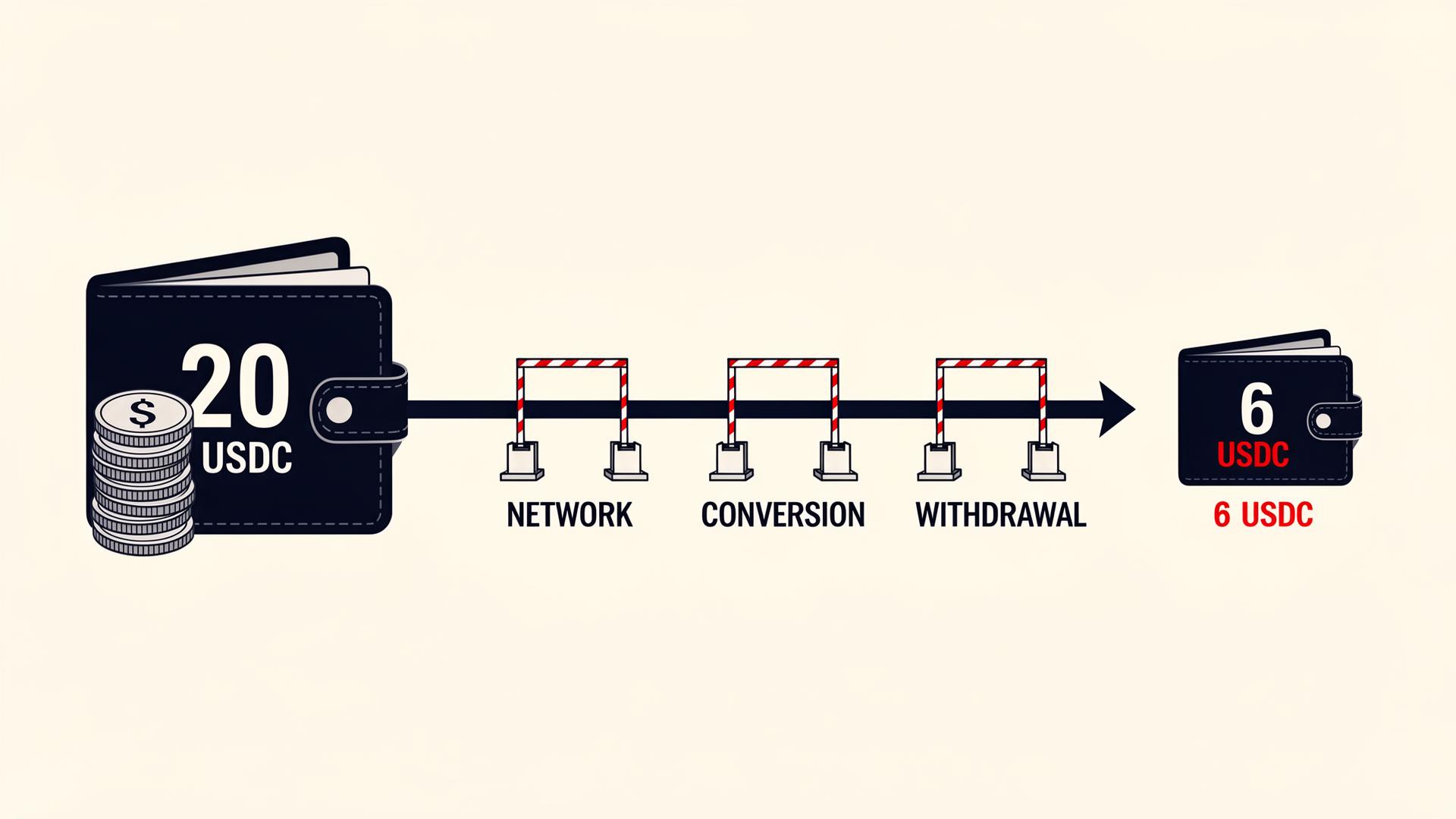 Diagram showing how a 20 USDC withdrawal shrinks to roughly 6 USDC after network, conversion and withdrawal fees on Crypto.com